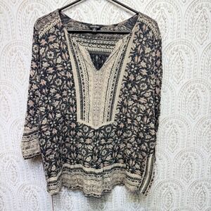 Lucky Brand Peasant Blouse Womens 2X Black Tan Floral Boho Split Neck 3/4 Sleeve